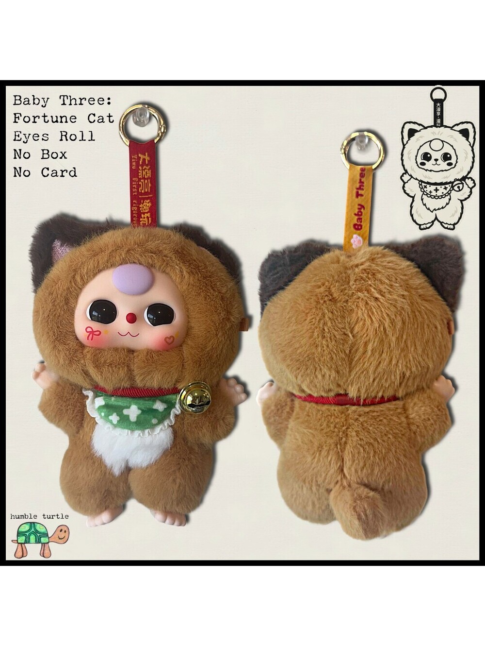 Baby Three Fortune Cat Plush Keychain with Eyes That Roll | EUC